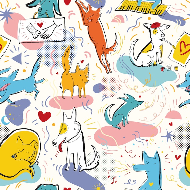 vector seamless pattern with funny dogs in memphis style with raster effect.