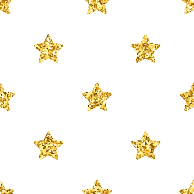 Vector seamless pattern with golden glitter stars on white background.