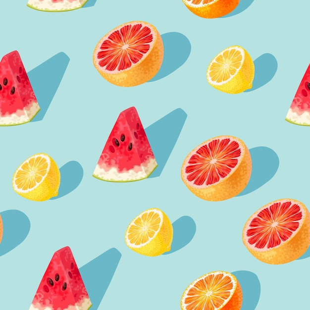 vector seamless pattern with grapefruit and lemon on blue background