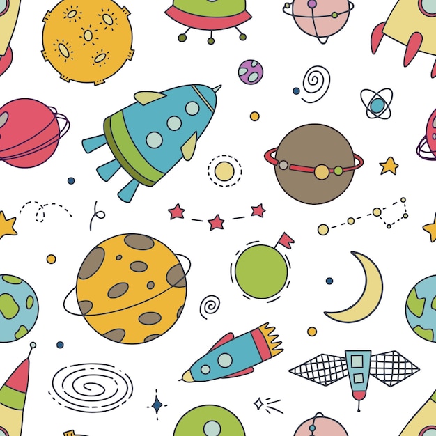 vector seamless pattern with outer space, planets and flying machines.