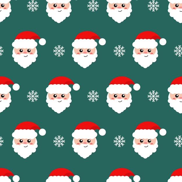 Vector seamless pattern with Santa Claus and white snowflakes on a green background