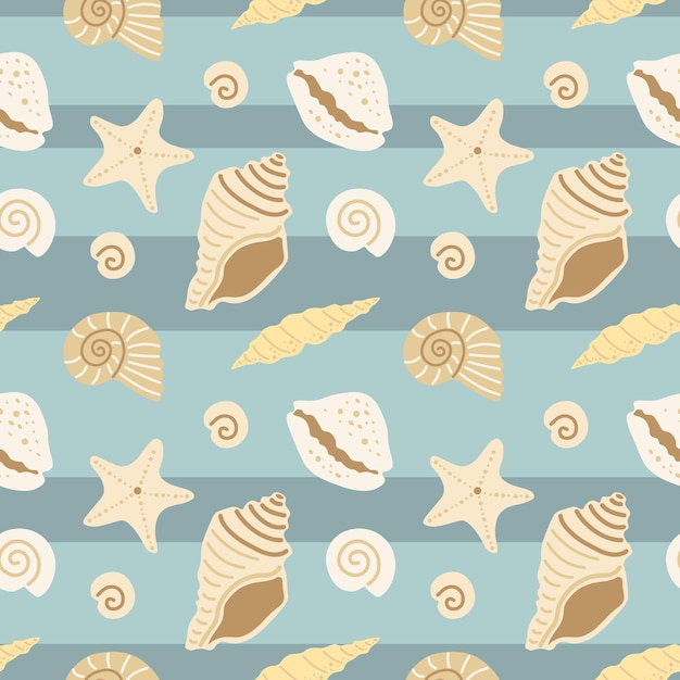 vector seamless pattern with seashells on blue background