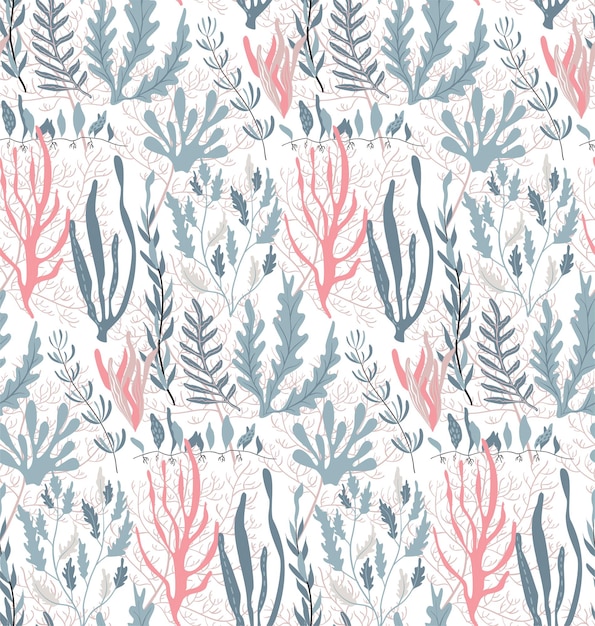 Vector seamless pattern with underwater ocean coral reef plants corals and anemones