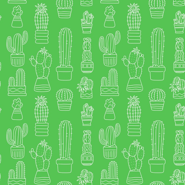 Vector seamless pattern with various doodle potted cacti on a green background