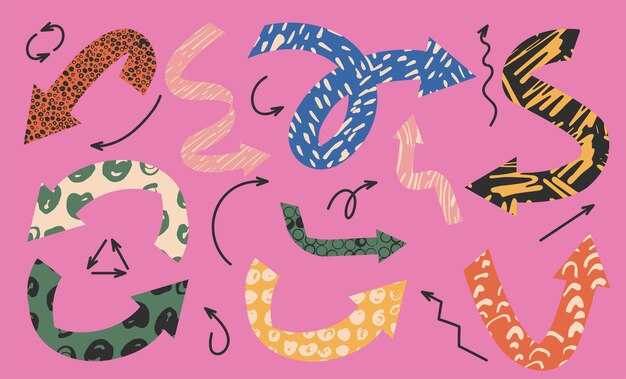 vector set of arrows with different textures and shapes in contemporary style colorful grunge texture