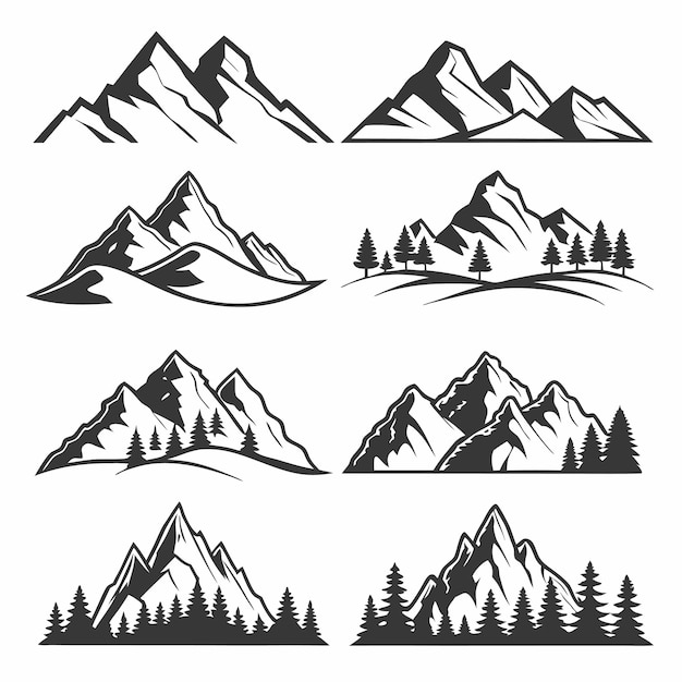 Vector Set of Black and White Mountain Illustrations