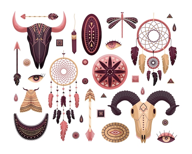Vector set of boho illustrations. Flat style. Dreamcathers, animal skull, feathers and arrows