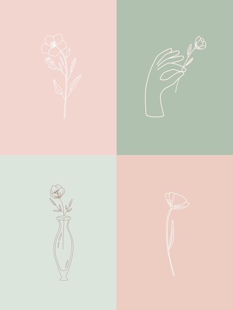 vector set of botanical illustrations in minimal linear style hand drawn elegant wildflowers