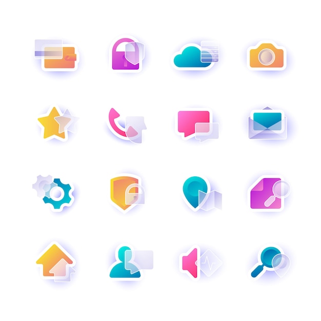 Vector set of creative icons for web and mobile design with glass effect and vivid gradients