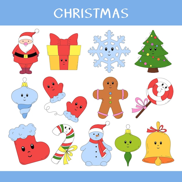 Vector set of cute cartoon Chritmas symbols