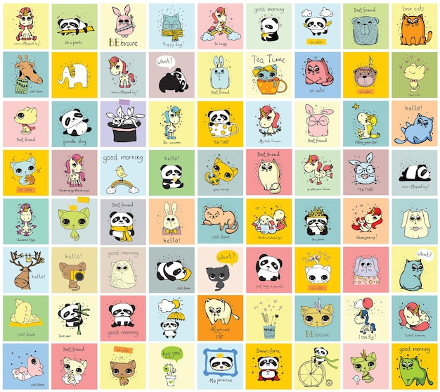 Vector set of cute doodle hipster animals Perfect for greeting cards design tshirt prints and kid's posters