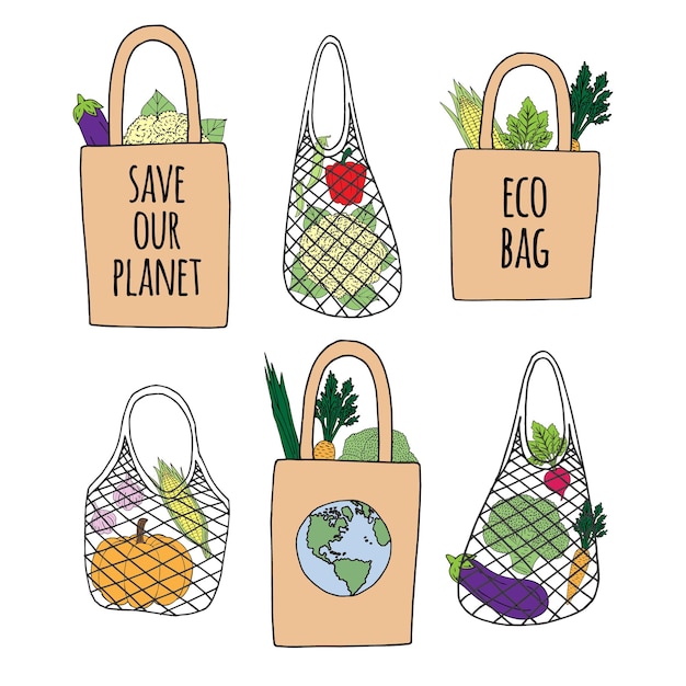 Vector set of hand drawn eco bags