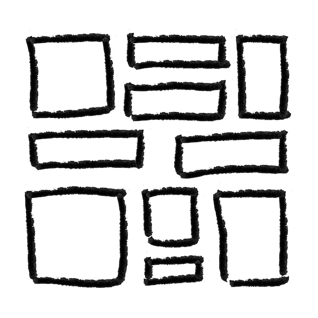Vector set of hand drawn textured black square shapes isolated on white background
