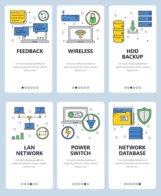 Vector set of mobile app onboarding screens Feedback Wireless HDD backup Lan network Power switch Network database web templates and banners Thin line art style design icons for website menu