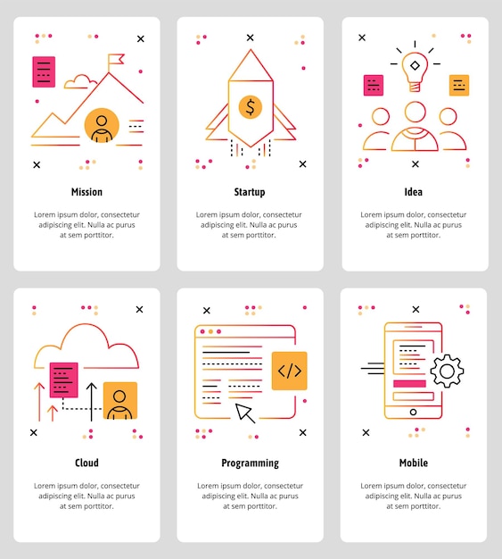 Vector set of mobile app onboarding screens Mission Startup Idea Cloud Programming Mobile web templates and banners Thin line art style design icons for website menu