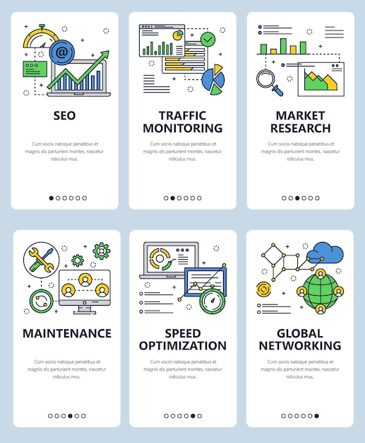 vector set of mobile app onboarding screens seo traffic monitoring market research maintenance speed optimization global networking web templates and banners thin line art style design icons