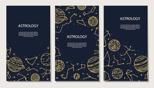 vector set of posters with planets and constellations. astrological background. a template with space for text.