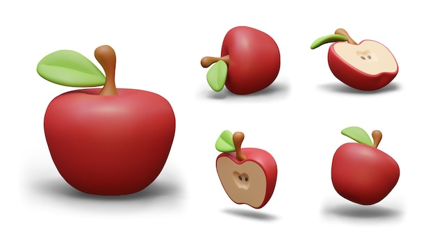 vector set of red apples whole fruit and half in different positions