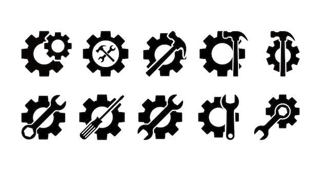Vector set of repair tools symbols gear wrench hammer and screwdriver set