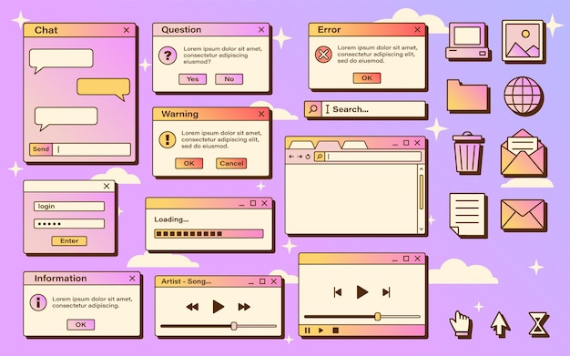 Vector set of retro vaporwave computer interface Gradient browser and dialog window templates Nostalgic OS Retro icons