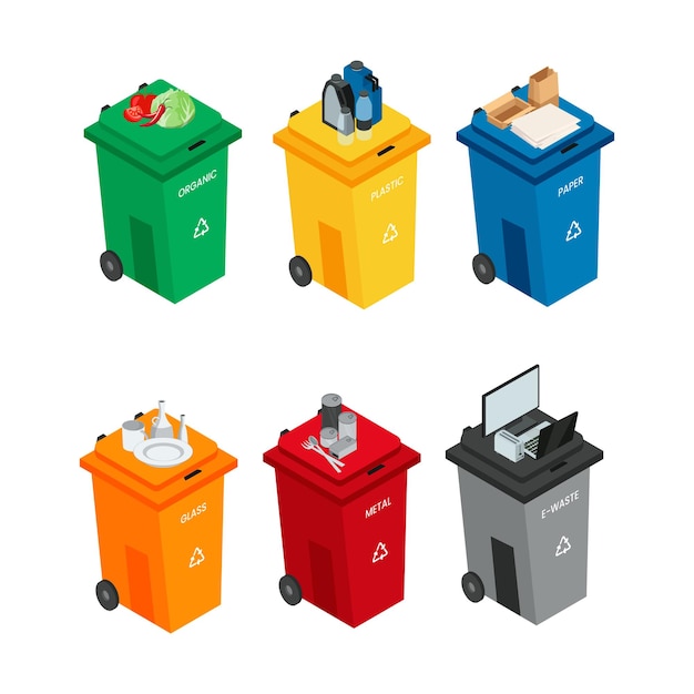 Vector Set of Rubbish Bin Isometric Illustration for Waste Management Concepts