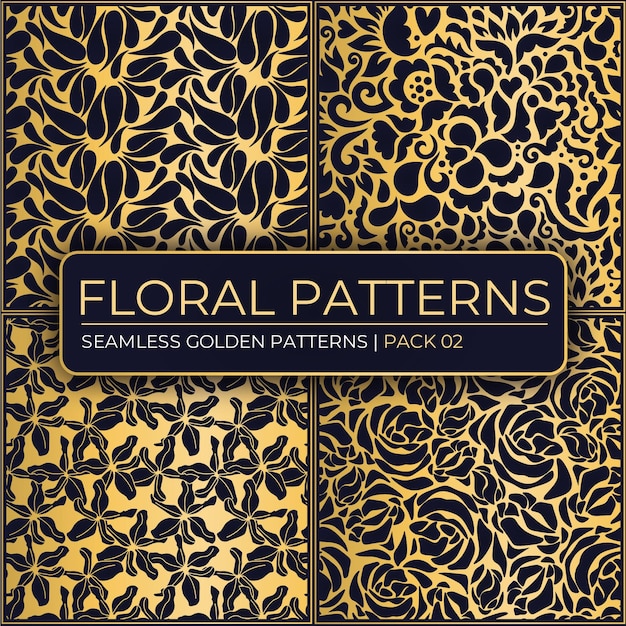 vector set of seamless golden floral patterns  isolated on dark blue