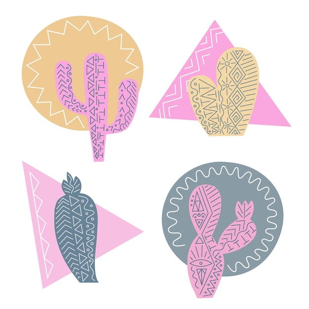 vector set of stylish simple cactuses on adstract background with ethnic decor can use for logo web