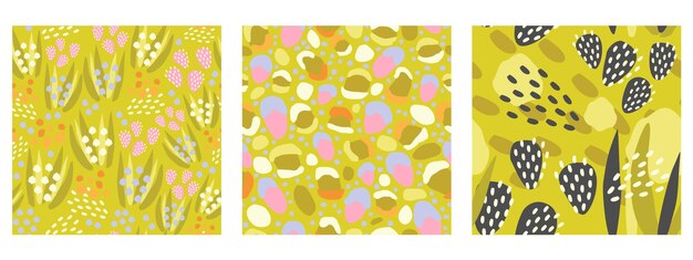 Vector set of three seamless abstract patterns on yellow background.