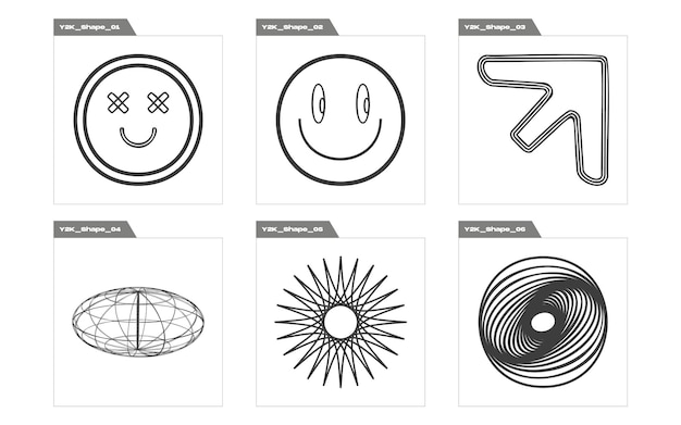 Vector set of Y2K Brutalism star and flower shapes Elements for graphic decoration