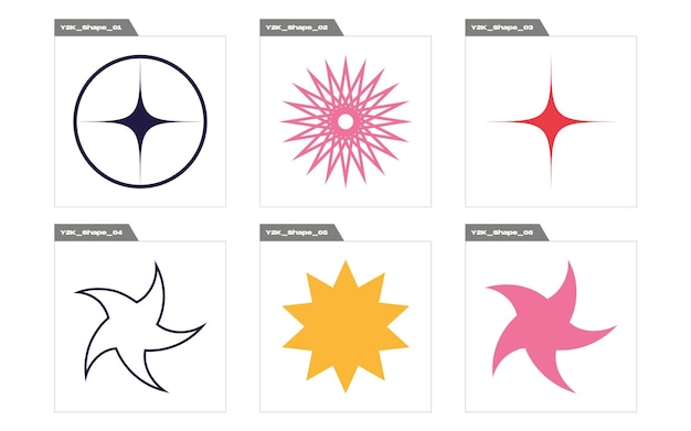 Vector set of Y2K Brutalism star and flower shapes Flat minimalist icons