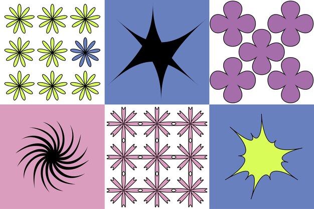 Vector set posters or prints with geometric shapes Brutalist design futuristic composition Seamless pattern
