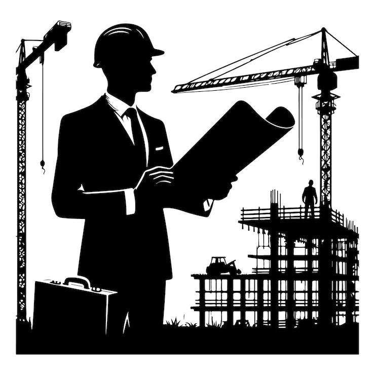 Vektör vector silhouette of an engineer overseeing a construction site with blueprints in hand with thick