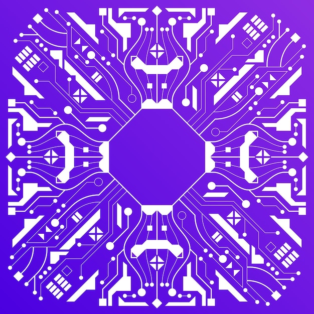 Vector symmetric frame with microprocessor or computer chip pattern Technological background with thin lines and dots abstract ornament Texture design for internet technology hardware development