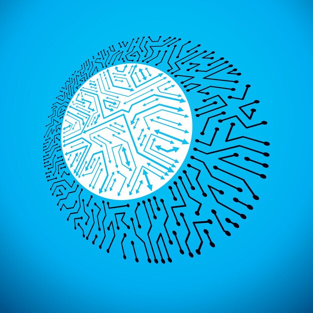 Vector technology cpu design with circular microprocessor scheme. Computer circuit board with arrows, digital element.