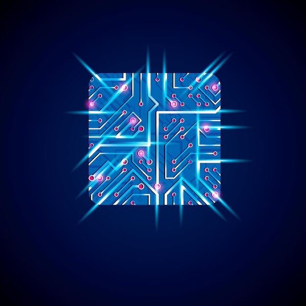Vector technology cpu design with square luminescent microprocessor scheme. Computer circuit board, blue neon digital element with flash effect.