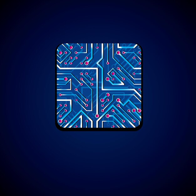 Vector technology cpu design with square luminescent microprocessor scheme. Computer circuit board, digital element with flash effect.