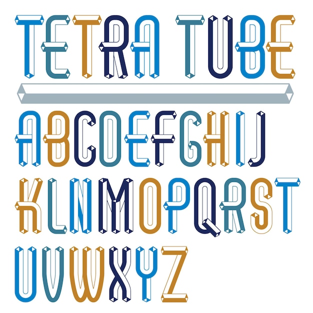 Vector trendy modern capital, uppercase alphabet letters collection. Unlike condensed type font, script from a to z can be used for logo creation. Made with industrial 3d tetra tube design.