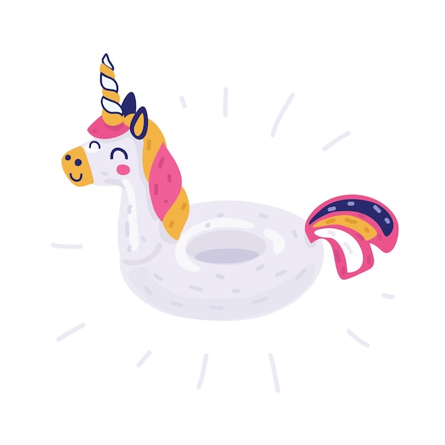 Vector unicorn shape rainbow hair inflatable swimming pool ring Summer vacation holiday rubber object traveling beach and ocean fun Illustration isolated white background