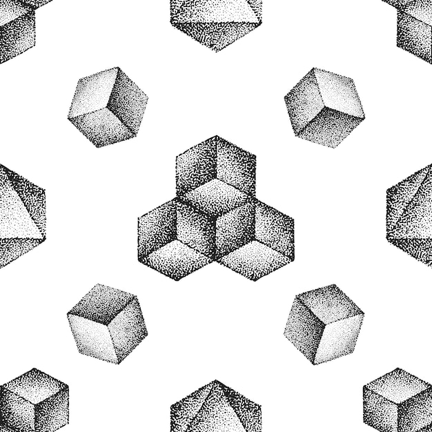 Vector various monochrome blackwork engraving vintage geometric platonic solid illustrations ornament decoration seamless pattern white background