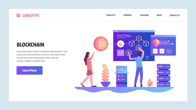 Vector web site design template Blockchain and cryptocurrency technology Bitcoin Landing page concepts for website and mobile development Modern flat illustration