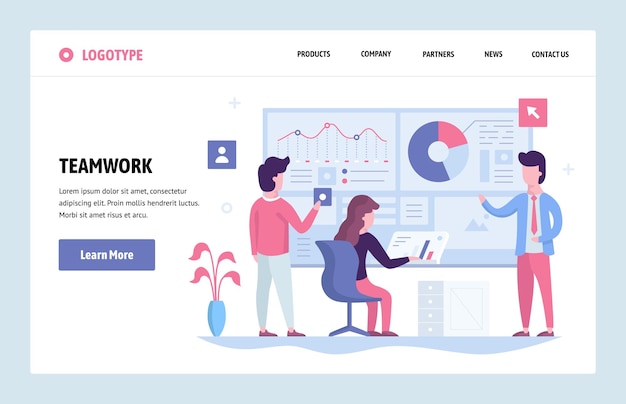 Vector web site linear art design template Business team working together with finance dashboard in office Landing page concepts for website and mobile development Modern flat illustration