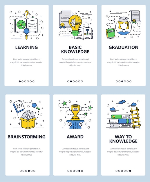 Vector web site linear art onboarding screens template Education and thinking out of the box Learning readng books and getting new knowledge Menu banners for website and mobile app development