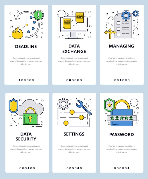Vector web site linear art onboarding screens template Project deadline Data security files transfer and storage Menu banners for website and mobile app development