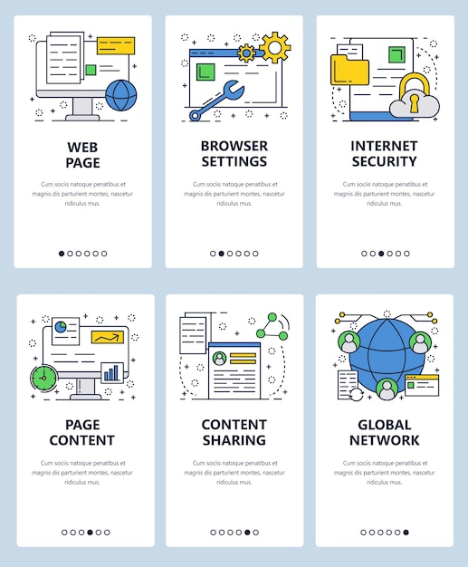 Vector web site linear art onboarding screens template Web page content browser setting and internet security Menu banners for website and mobile app development
