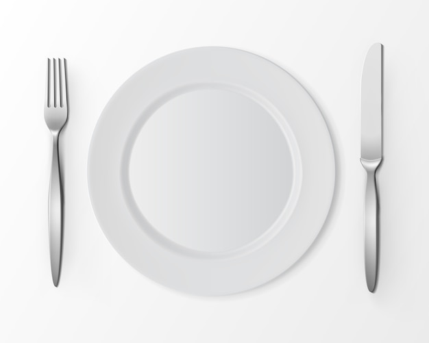 Vector White Empty Flat Round Plate with Fork and Knife