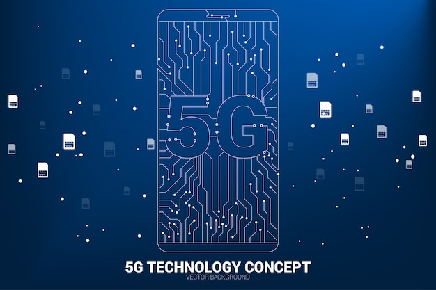 Vektor 5G-ikon med prikker og forbindelseslinjer i printkortstil, der viser en mobiltelefon. Koncept for dataoverførsel i et mobildatanetværk.