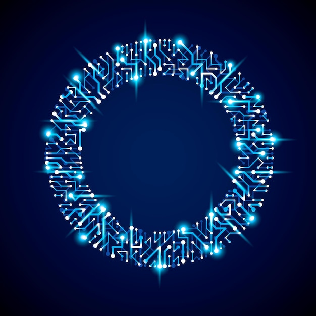 Vektor abstrakt computer blænding printkort, blåt rundt teknologielement med forbindelser og neonlys. Elektronik tema webdesign.
