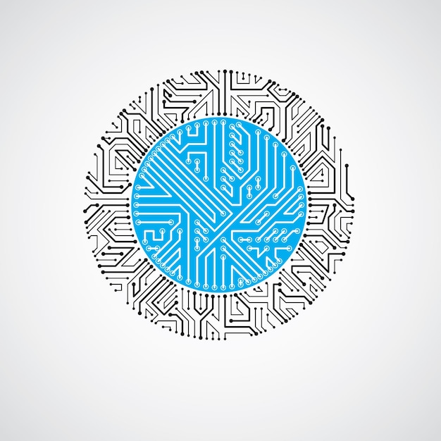 Vektor abstrakt computer printkort farverig illustration, blåt rundt teknologi element med forbindelser. Elektronik tema webdesign.