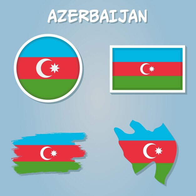 Vektor af Aserbajdsjan lands omrids silhuet med flag sæt samling af Aserbajdsjans flag ikoner med firkant cirkel rektangel og kort former