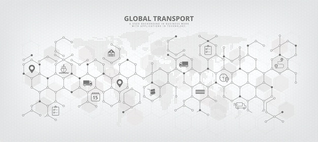 Vektor baggrundsbillede af global forsyningskæde og logistik med koncepter relateret til import/eksport, distribution og international transport abstrakt med verdenskort baggrund og ikoner.